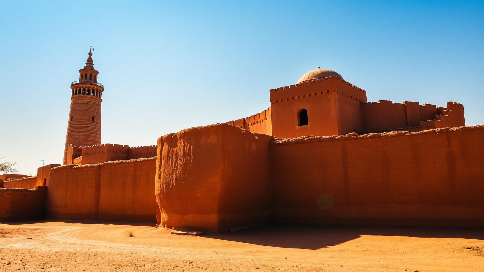 Ancient Hausa mudbrick city walls and minaret in Kano under bright afternoon sun