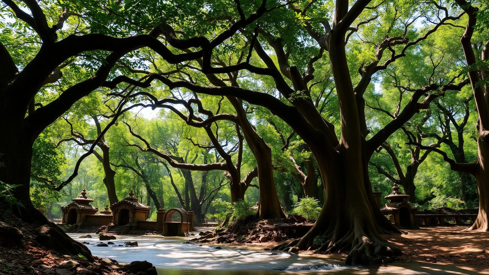 Sacred Yoruba shrines and giant trees along the river at Osun-Osogbo Sacred Grove