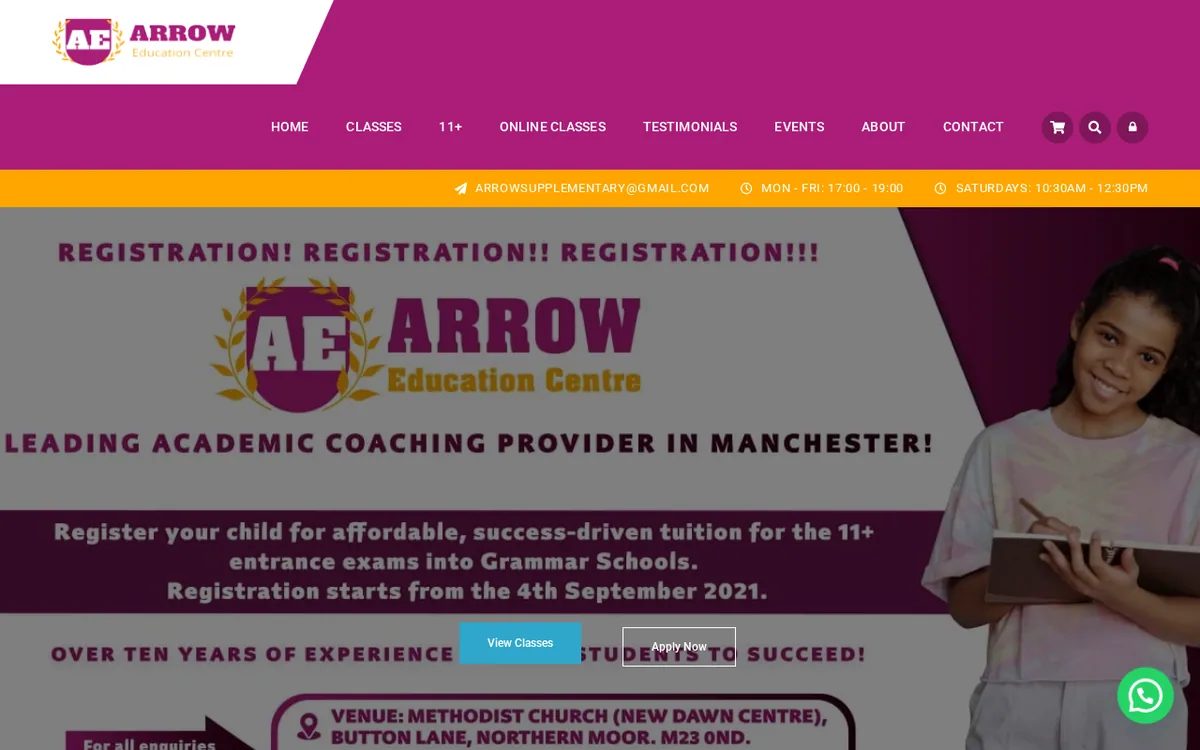 Home page of the Arrow Education Centre website