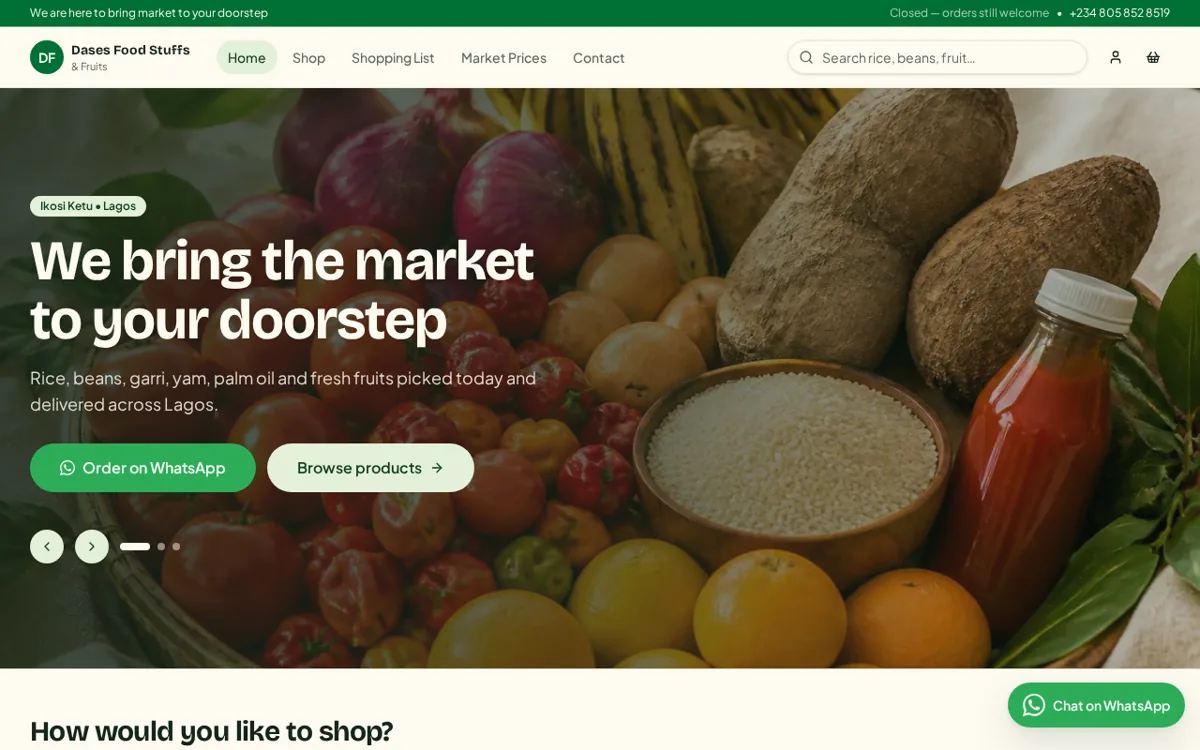 Home page of the Dases Food Stuffs & Fruits online market