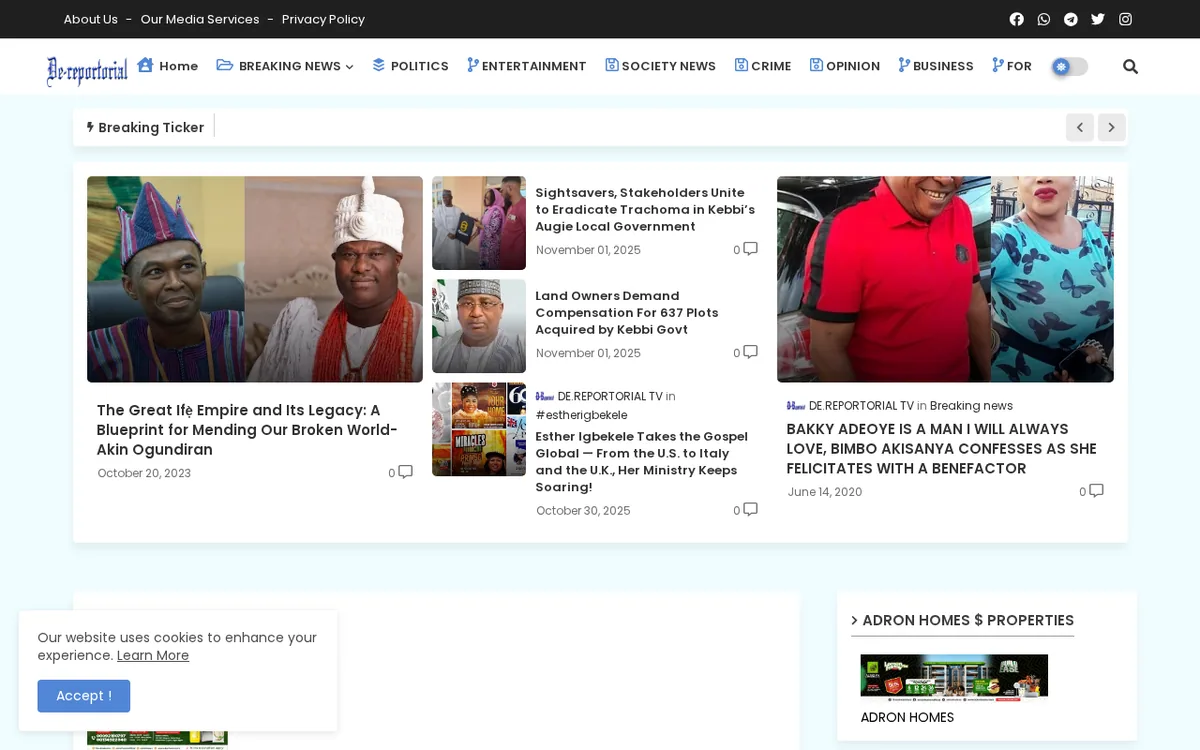 Home page of the De Reportorial news website