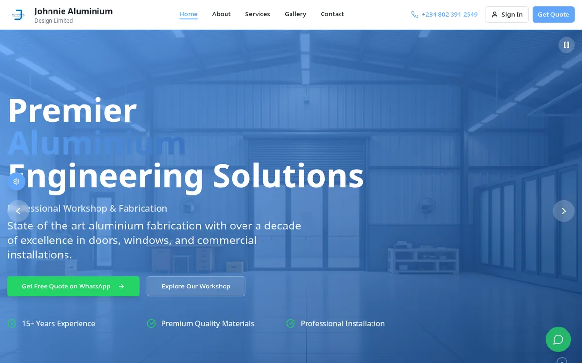 Home page of the Johnnie Aluminium fabrication website