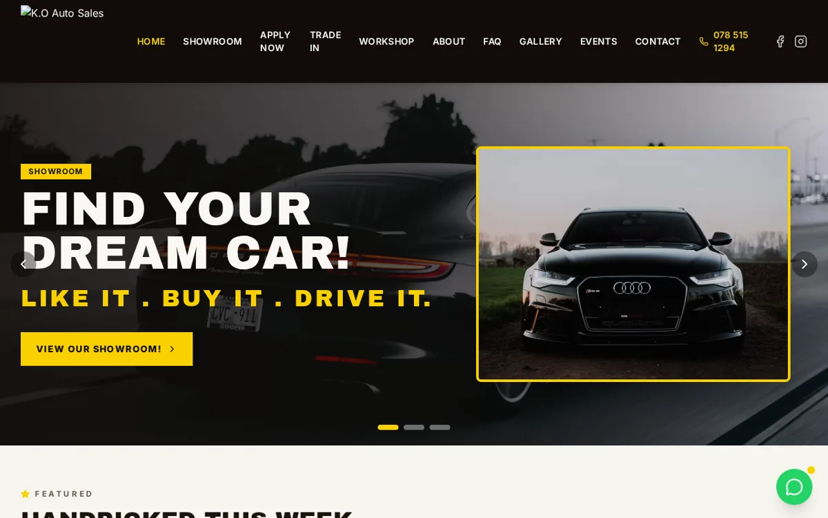 Home page of the K.O Auto Sales dealership website